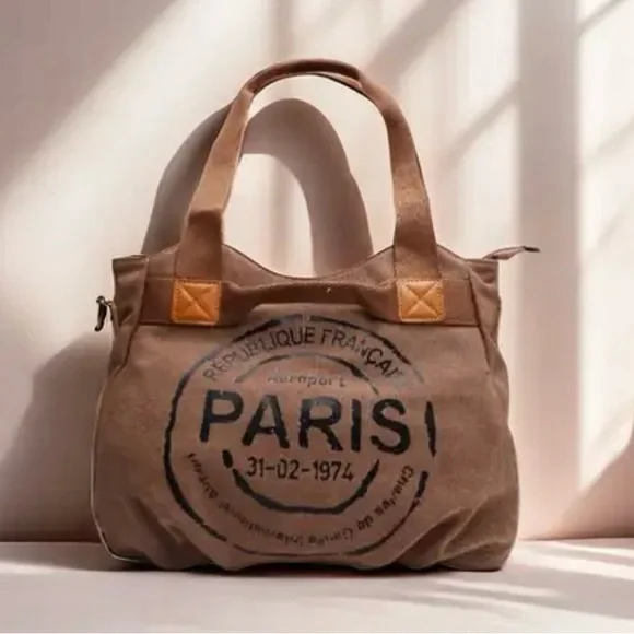 NWT Tan Canvas 2 Way Shoulder Bag with Paris Print 14x9 - Picture 3 of 11
